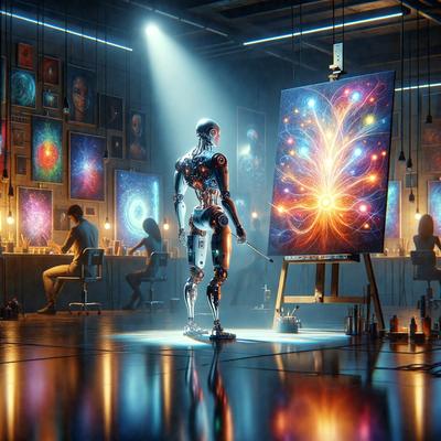 The primary subject of the image is a robot, which is standing in a room with a painting on the wall. The setting appears to be a studio or an art gallery, as there are multiple chairs and a dining table in the background. The visual style of the image is digital art, as it is a computer-generated scene. The dominant colors in the image are blue and orange, creating a vibrant and lively atmosphere.